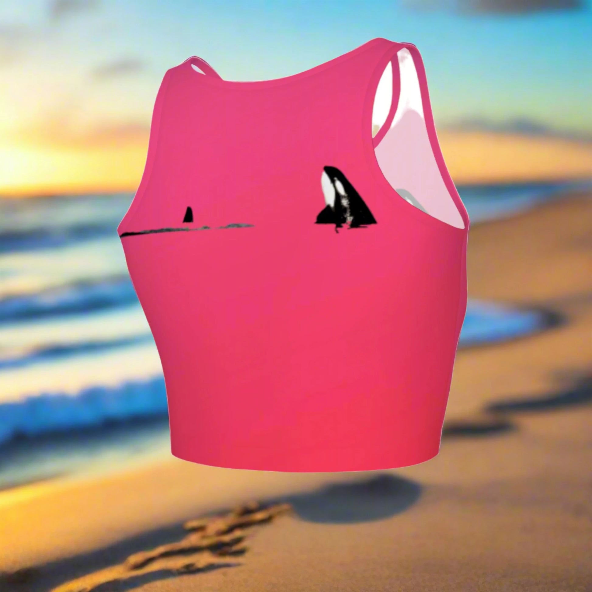 Orca spy hop active crop top.  It is pink with a simple image of a orca in the spy hop position. 