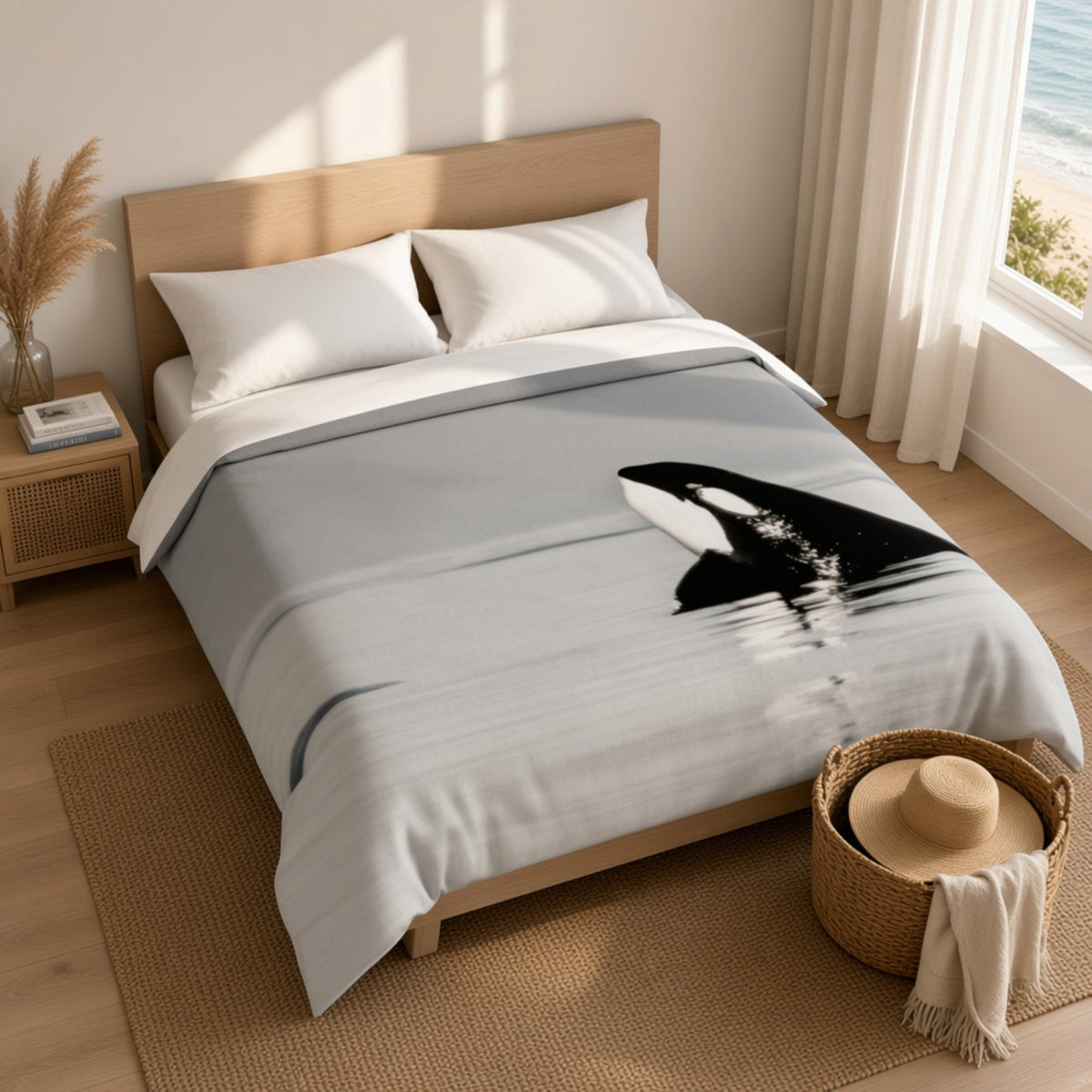 A bed dressed in a light gray duvet cover featuring a large black-and-white orca whale print, styled in a bright bedroom with a wooden headboard, white pillows, a side table, and a woven basket near the window.