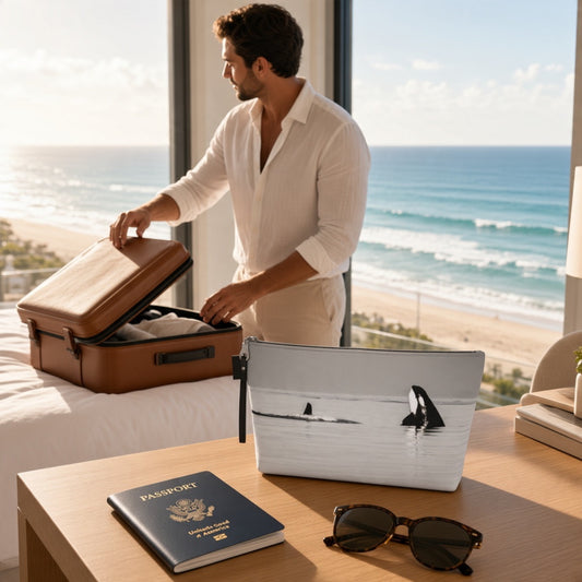 A man in a white shirt packs a brown suitcase by a large window overlooking the ocean. In the foreground, a wooden table holds a laptop with a black-and-white orca print, a navy passport, and black sunglasses.