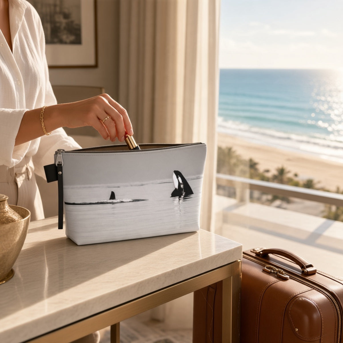 A person in a white robe places a small zip pouch into a gold travel case on a light marble table, with a beach and ocean visible in the background and a brown suitcase beside it.