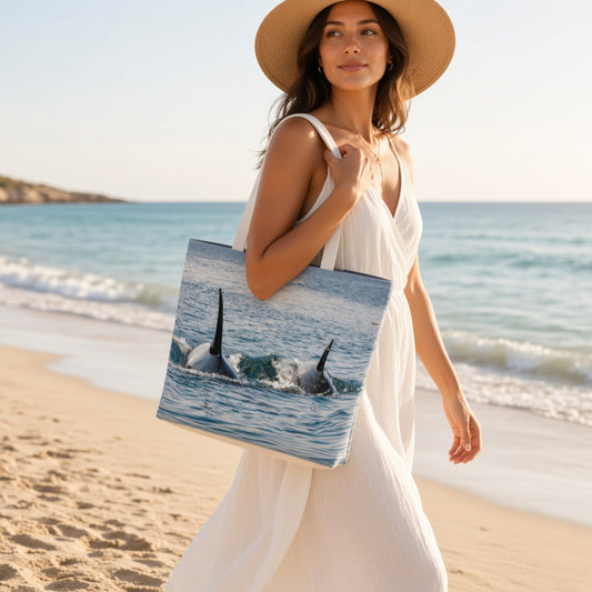A woman in a white dress and straw hat walks on a sandy beach carrying a large tote bag printed with a photo of two orcas in the ocean.