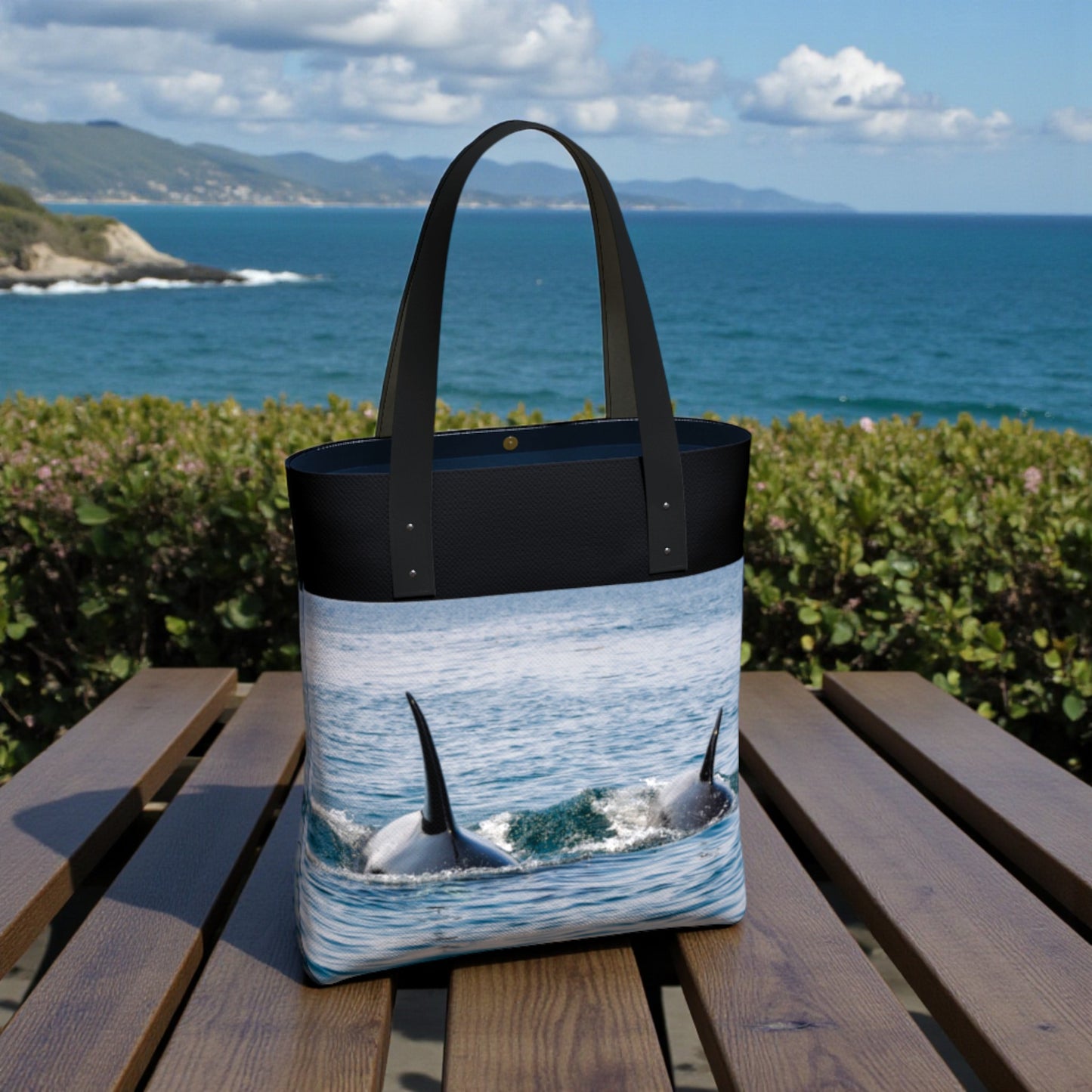 Tote bag with whale design on a wooden table by the ocean