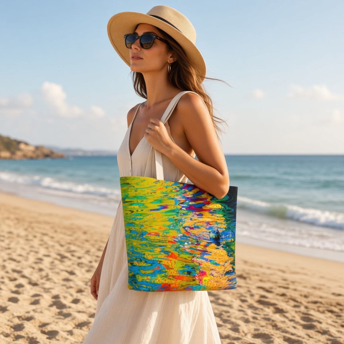 A woman wearing a beige straw hat and a white dress stands on a sandy beach holding a canvas tote bag with a vibrant, multicolored abstract painting print of water ripples.