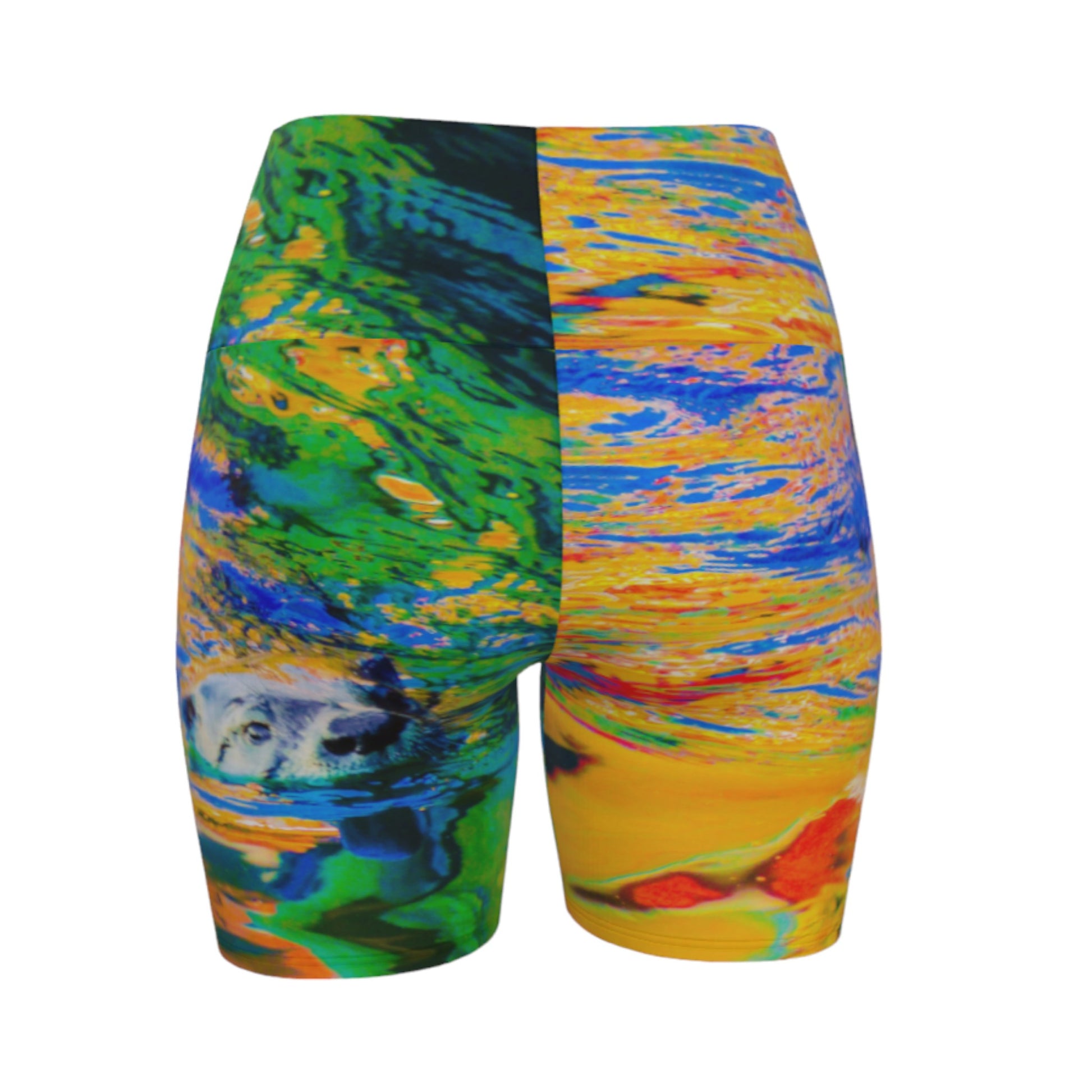 All over print Otter Art yoga shorts. Image is that of a sea otter.