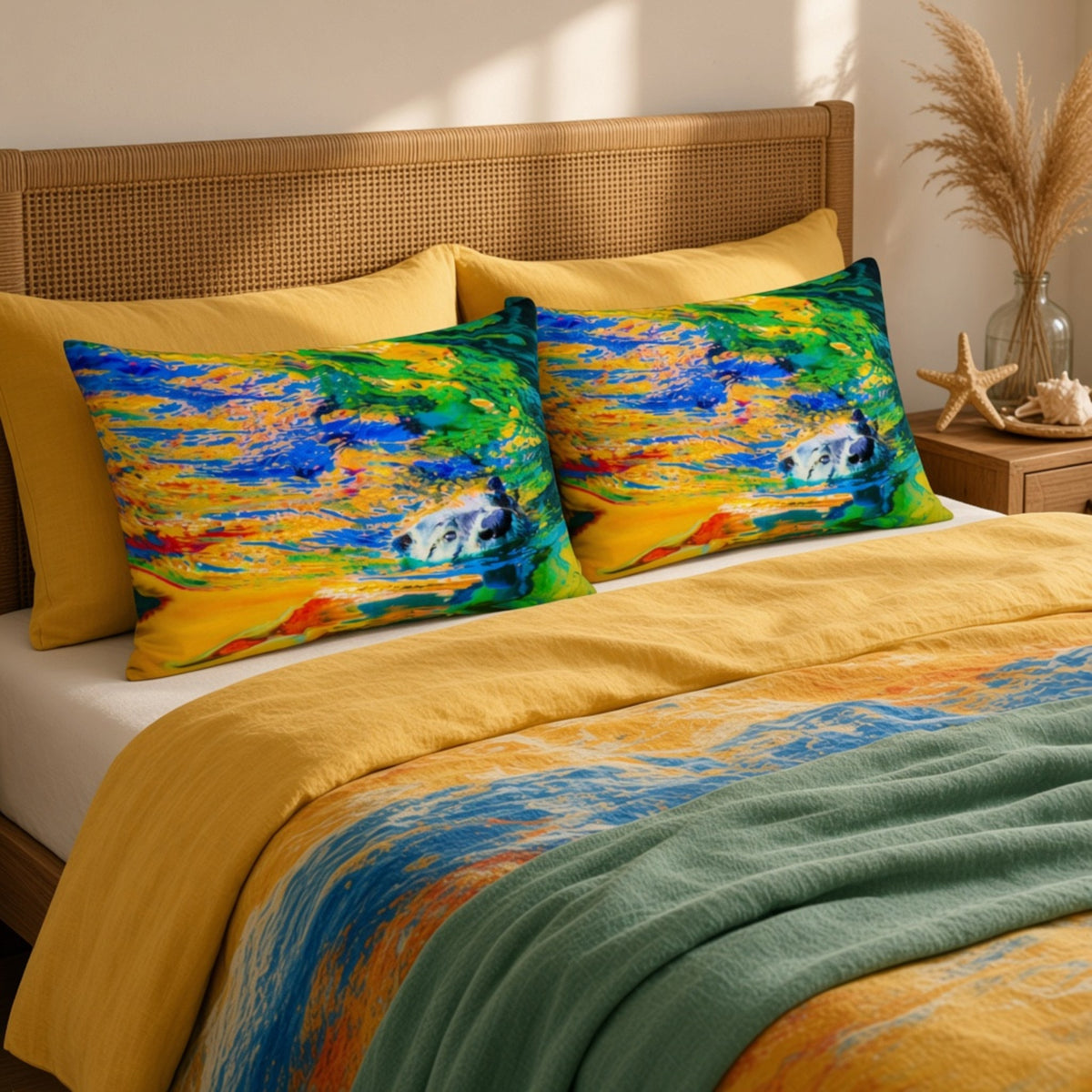 A styled bed with a mustard yellow duvet, two colorful abstract-print pillowcases, a woven cane headboard, and a green throw blanket in a warm, sunlit bedroom.