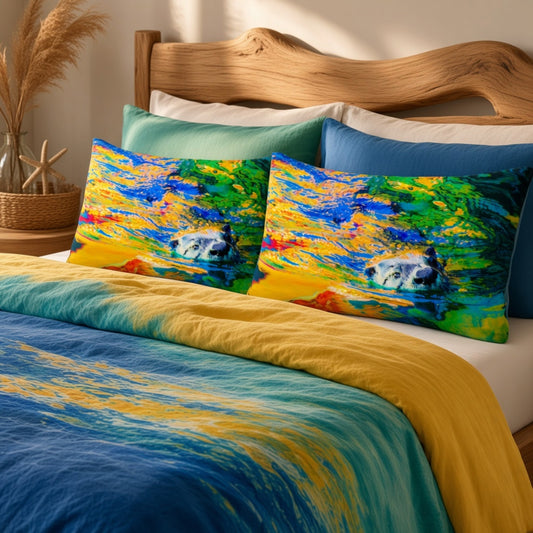 A bed styled with a colorful abstract-print bedding set, including two matching pillowcases, a yellow and blue duvet cover, and teal and blue pillows, set against a rustic wooden headboard in a warm, sunlit room.