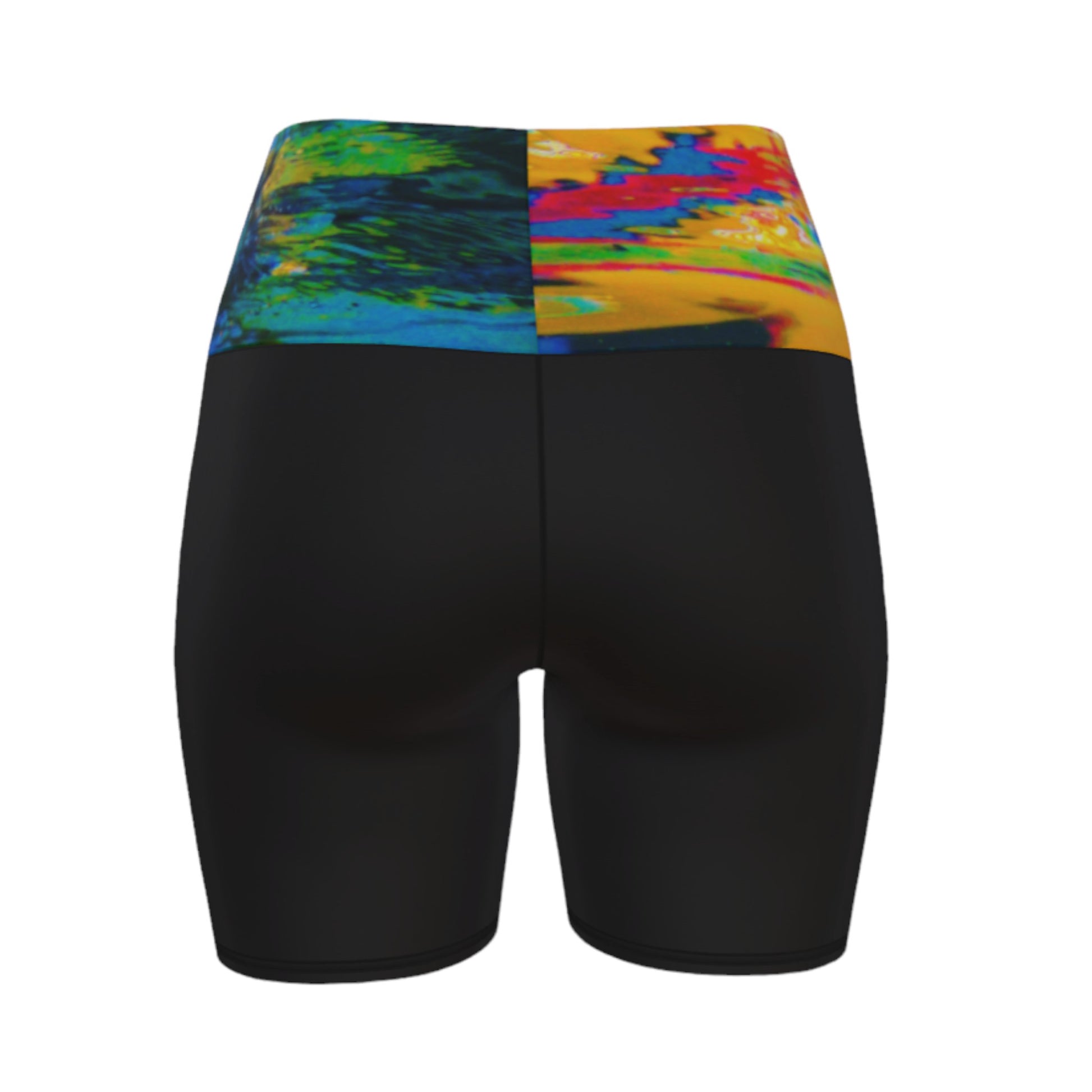 Otter Art Yoga Shorts feature a image of a sea otter printed on the waistband. The rest of the shorts are black.
