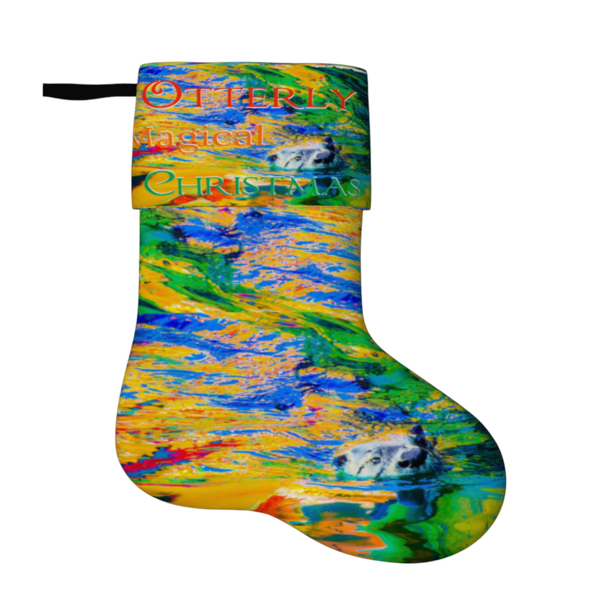 A Christmas stocking featuring a vibrant, abstract multicolor print with splashes of blue, yellow, green, and orange, and a cuff printed with the words 'Otherly Magical Christmas' in stylized lettering.