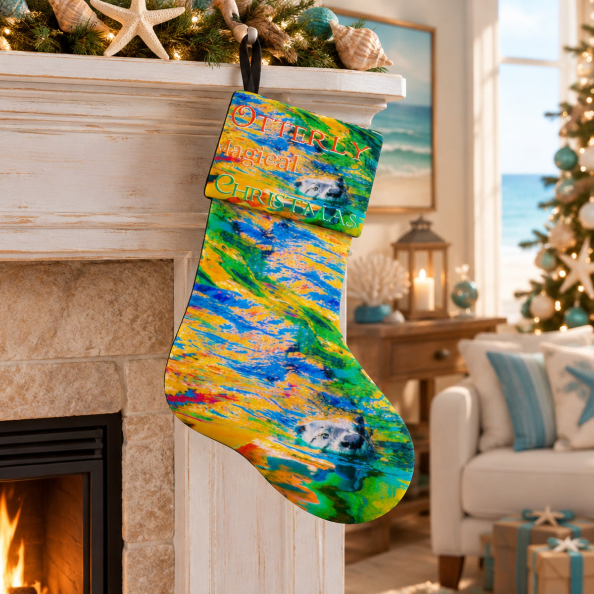 A festive Christmas stocking with a colorful abstract paint-stroke pattern in blue, green, yellow, and orange, hanging from a white fireplace mantel decorated with holiday greenery and shells. The cuff reads 'Otterly Magical CHRISTMAS'.