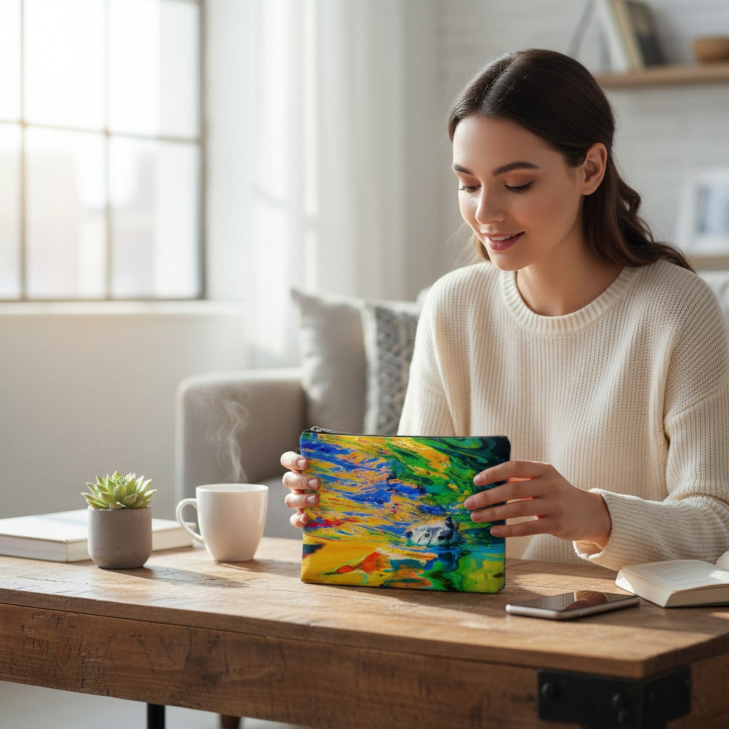 Woman holding her Otter Art adventure tote on the living room coffee table.
