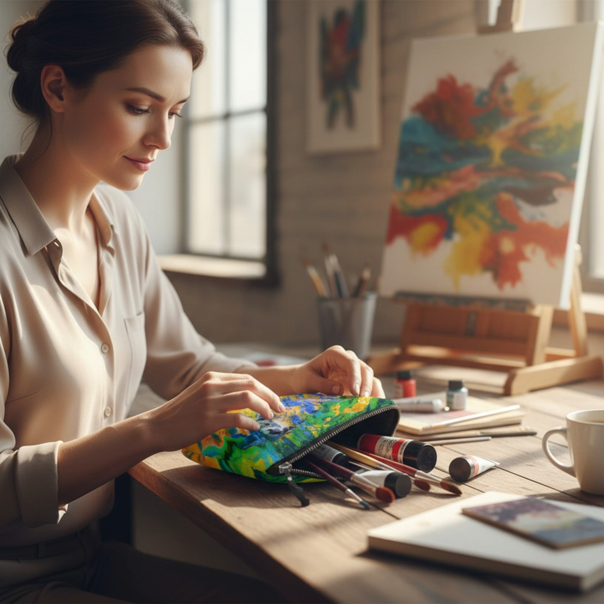 Woman in an art studio with painting supplies and a colorful painting on an easel.