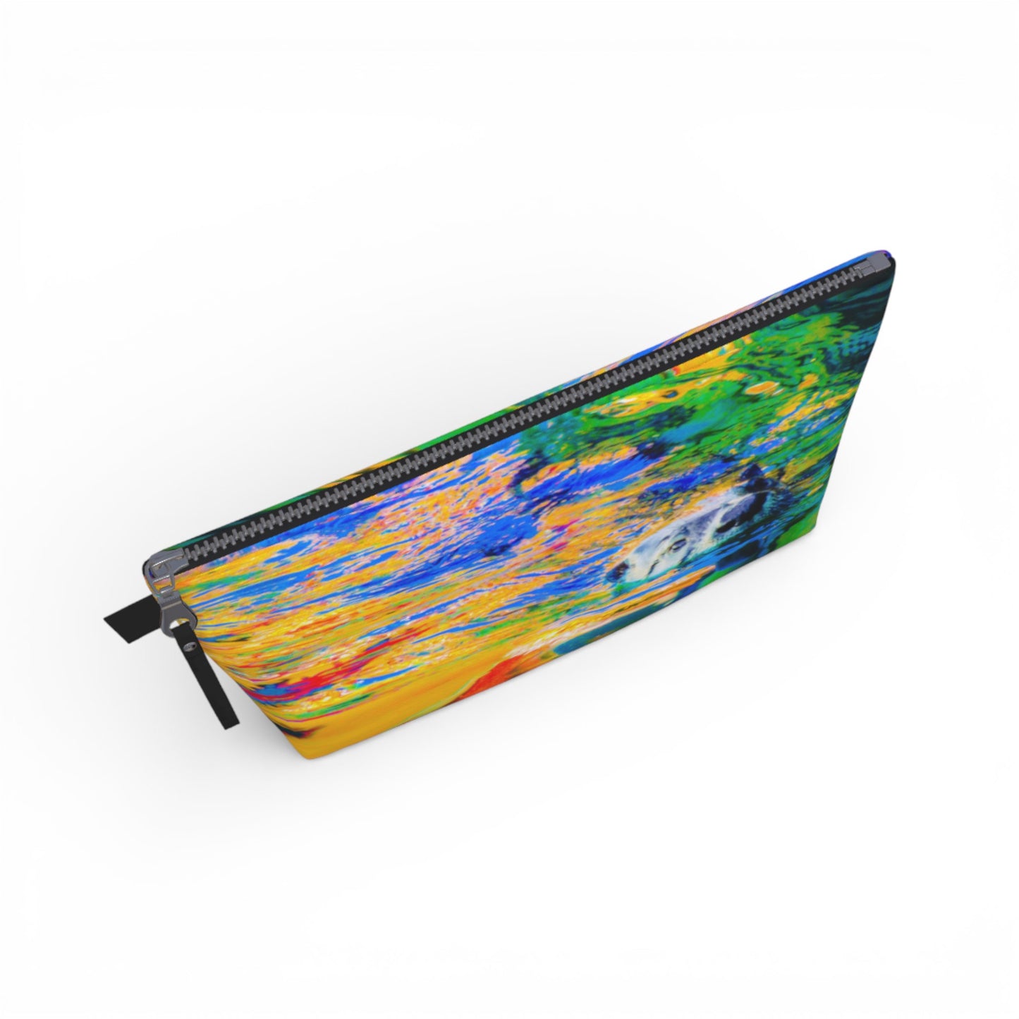 Colorful pencil case with abstract design on a white background