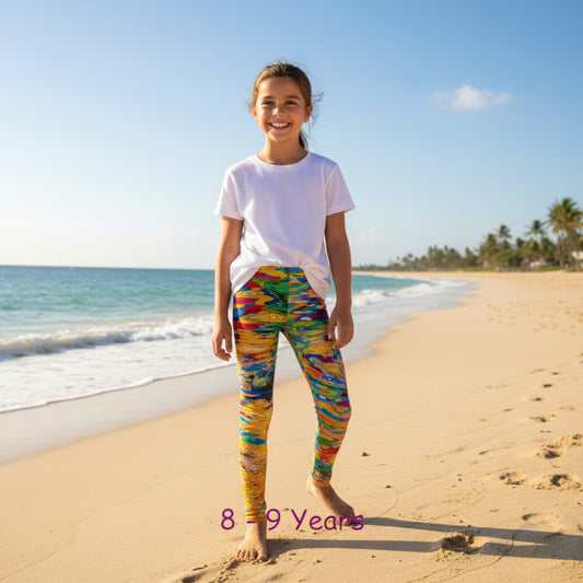 Child wearing colorful leggings and a white shirt on a beach with ocean and sky in the background.
