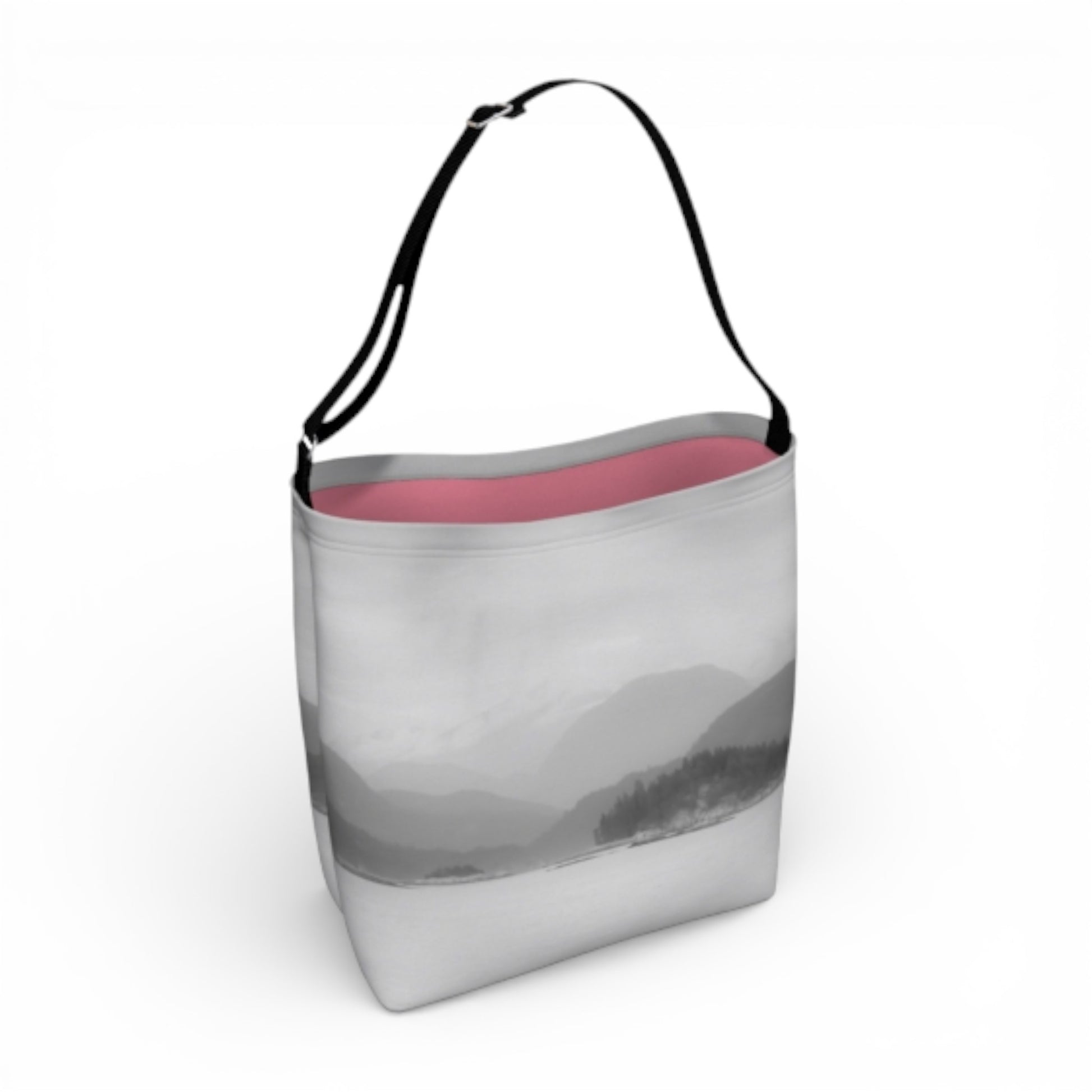 Gray tote bag with pink interior on a white background