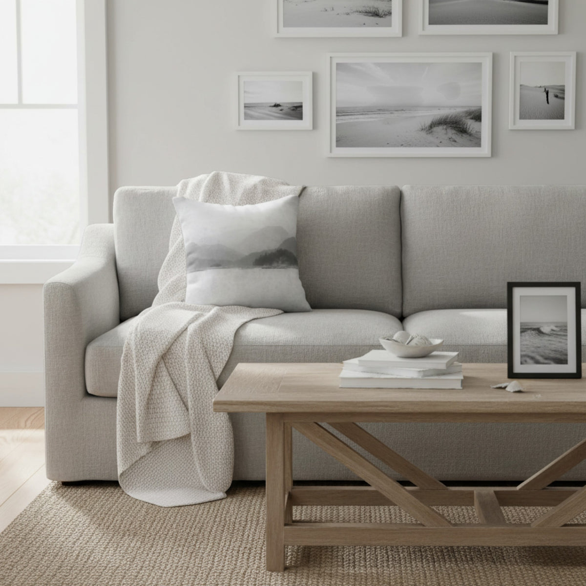 A light gray upholstered sofa in a bright, modern living room, styled with a white throw blanket, a matching pillow, a light wood coffee table, and framed black-and-white wall art.