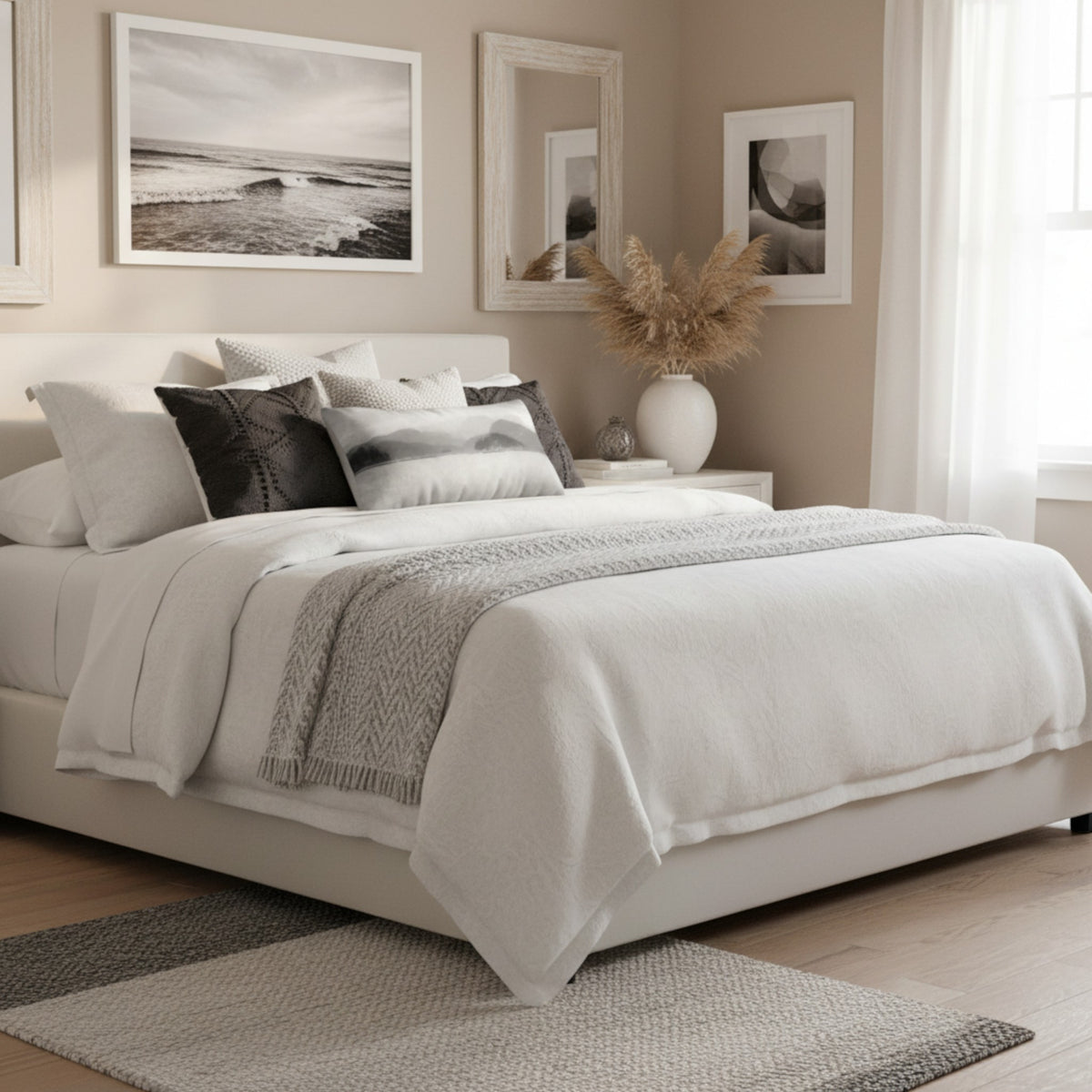 A neatly made bed in a softly lit bedroom, dressed in white bedding with several pillows, a light gray throw blanket, and a textured rug on the floor. The room has beige walls, framed black-and-white wall art, a mirror, and a vase with dried grasses near the window.