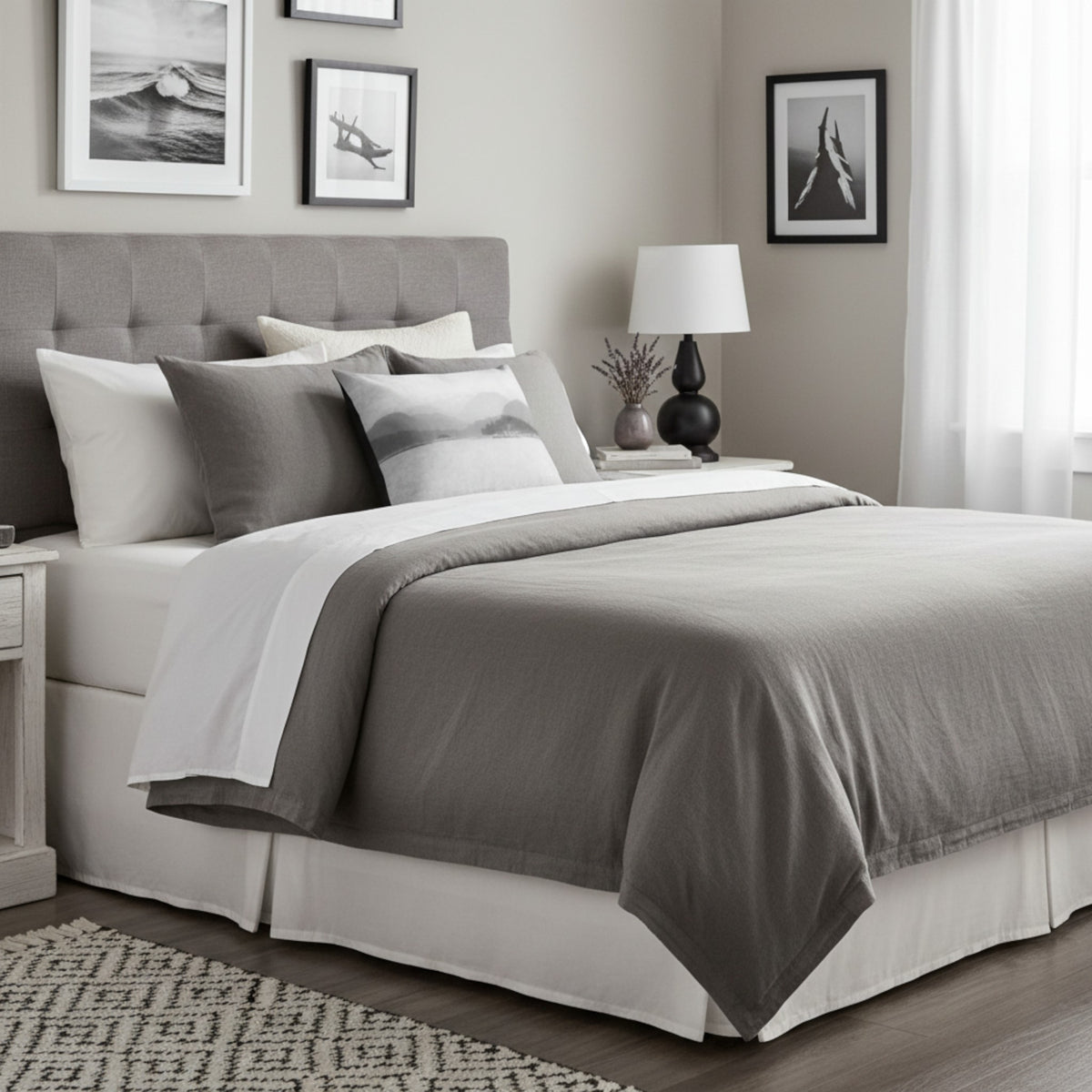 A neatly made bed in a styled bedroom, featuring a gray and white bedding set with a tufted headboard, matching pillows, a white nightstand, a black table lamp, framed wall art, and a patterned rug.