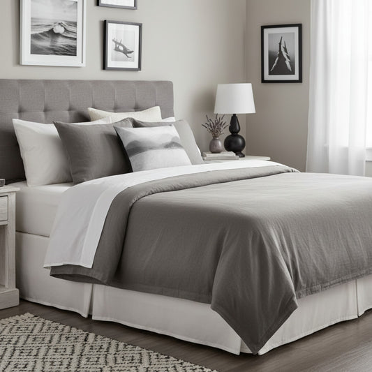 A neatly made bed in a styled bedroom, featuring a gray and white bedding set with a tufted headboard, matching pillows, a white nightstand, a black table lamp, framed wall art, and a patterned rug.