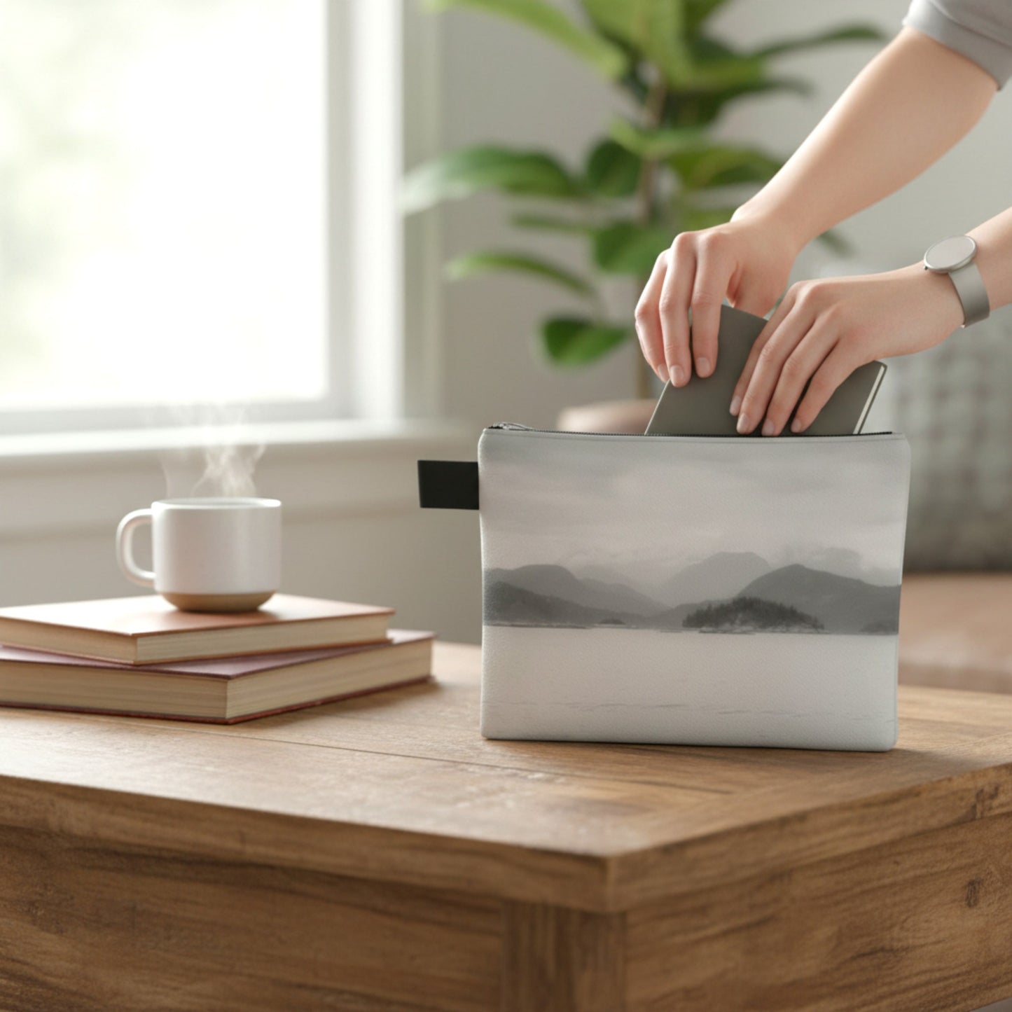 Person placing a book into a decorative tote with mountain design on a wooden surface.