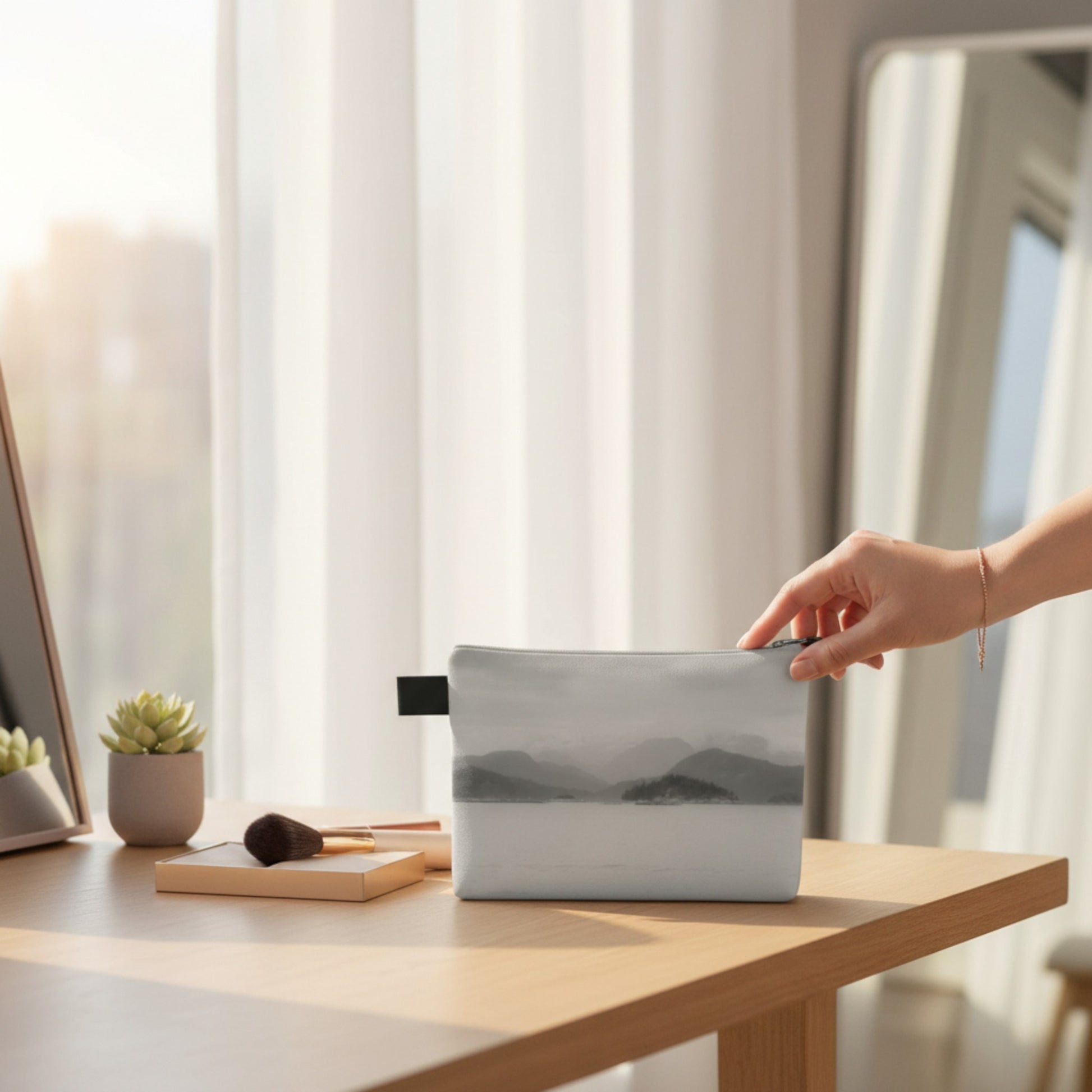 Hand holding a gray pouch with a mountain design on a wooden table.