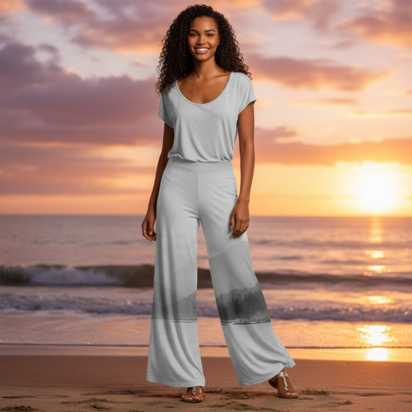Woman in a light gray outfit standing on a beach at sunset