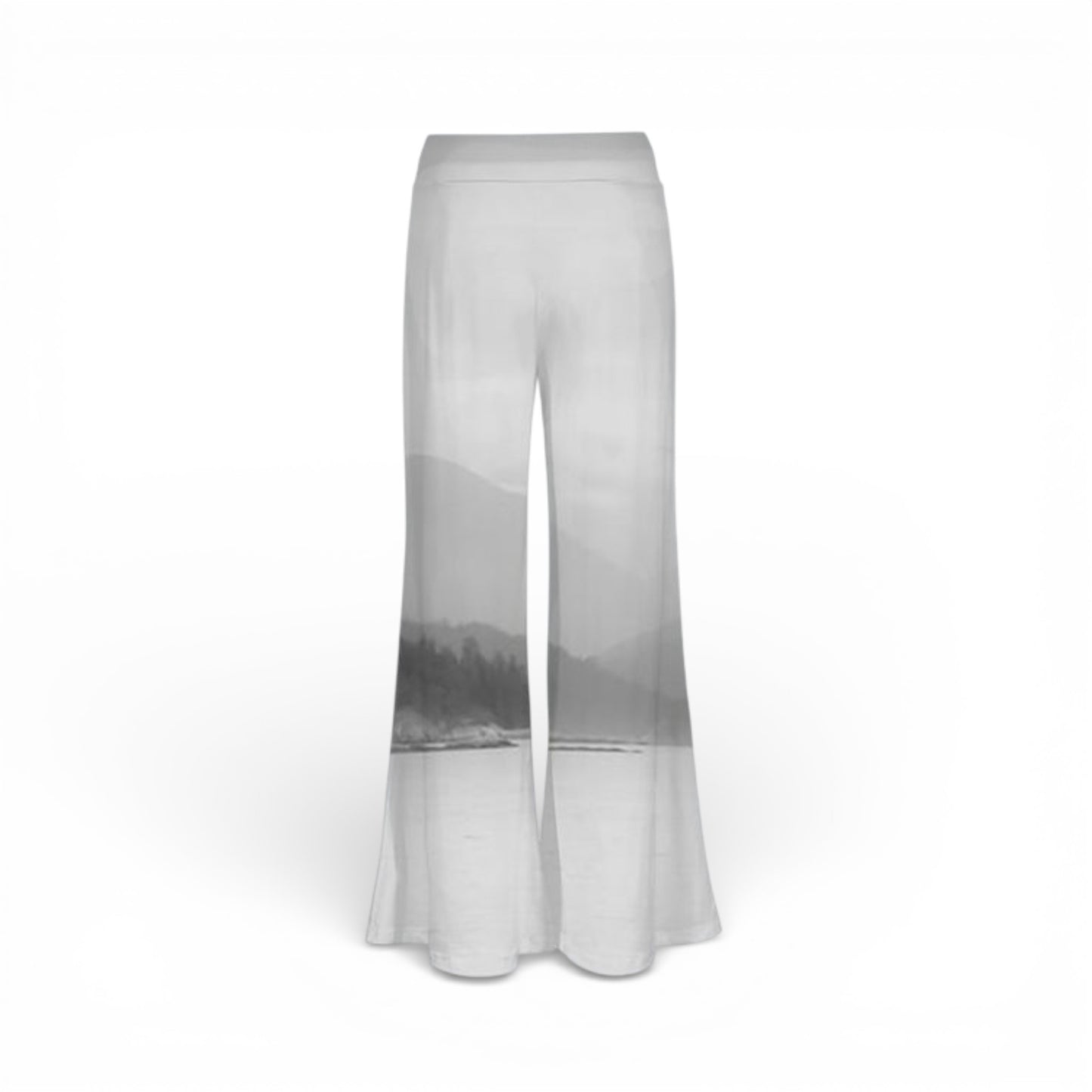 Sheer white pants with a gradient design on a white background