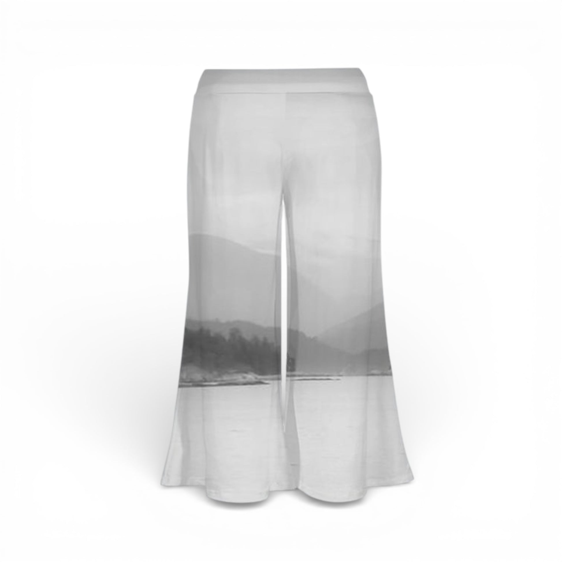 Pants with black and white patterned lining on a white background
