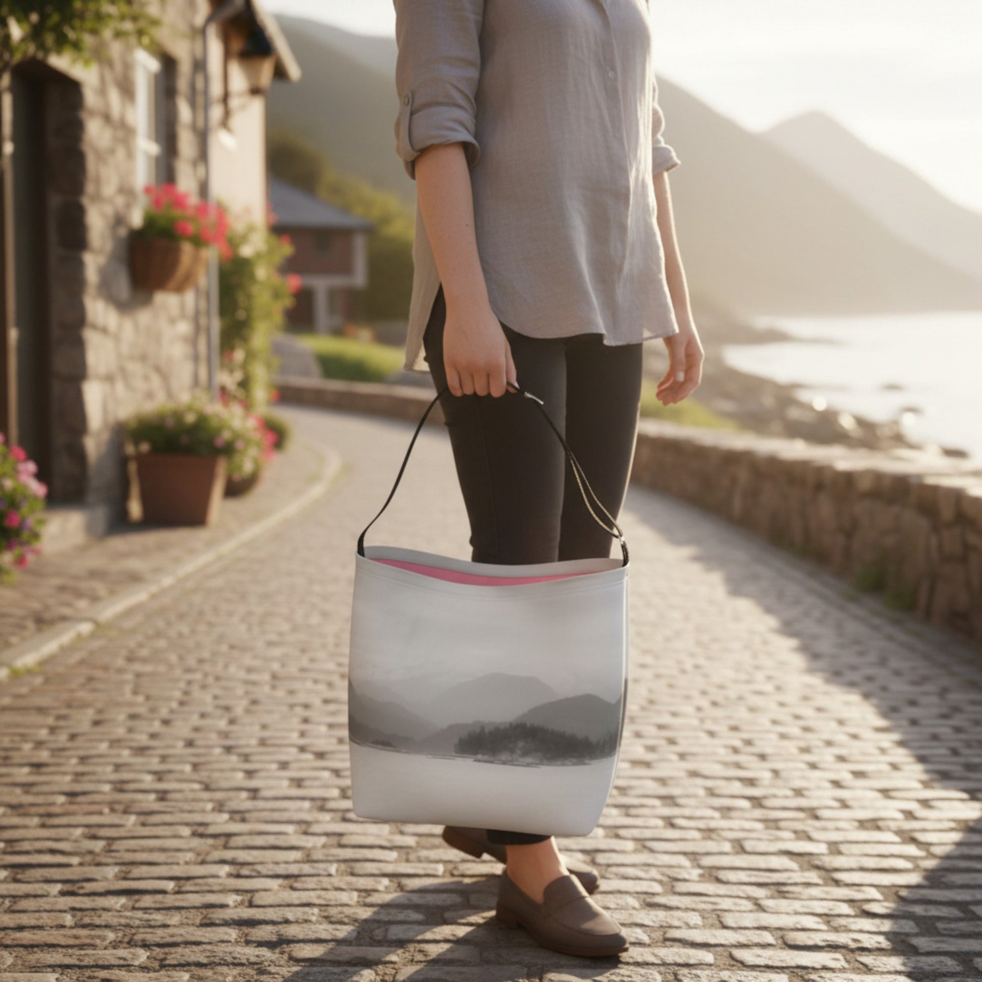 Person holding a tote bag with a scenic design on a cobblestone street.