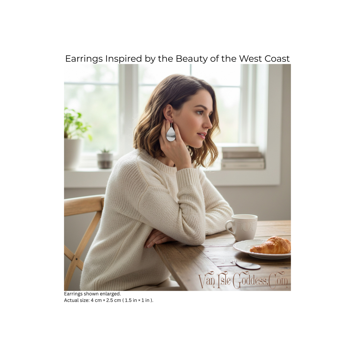 Woman sitting at a table wearing earrings with text about earrings inspired by the West Coast.
