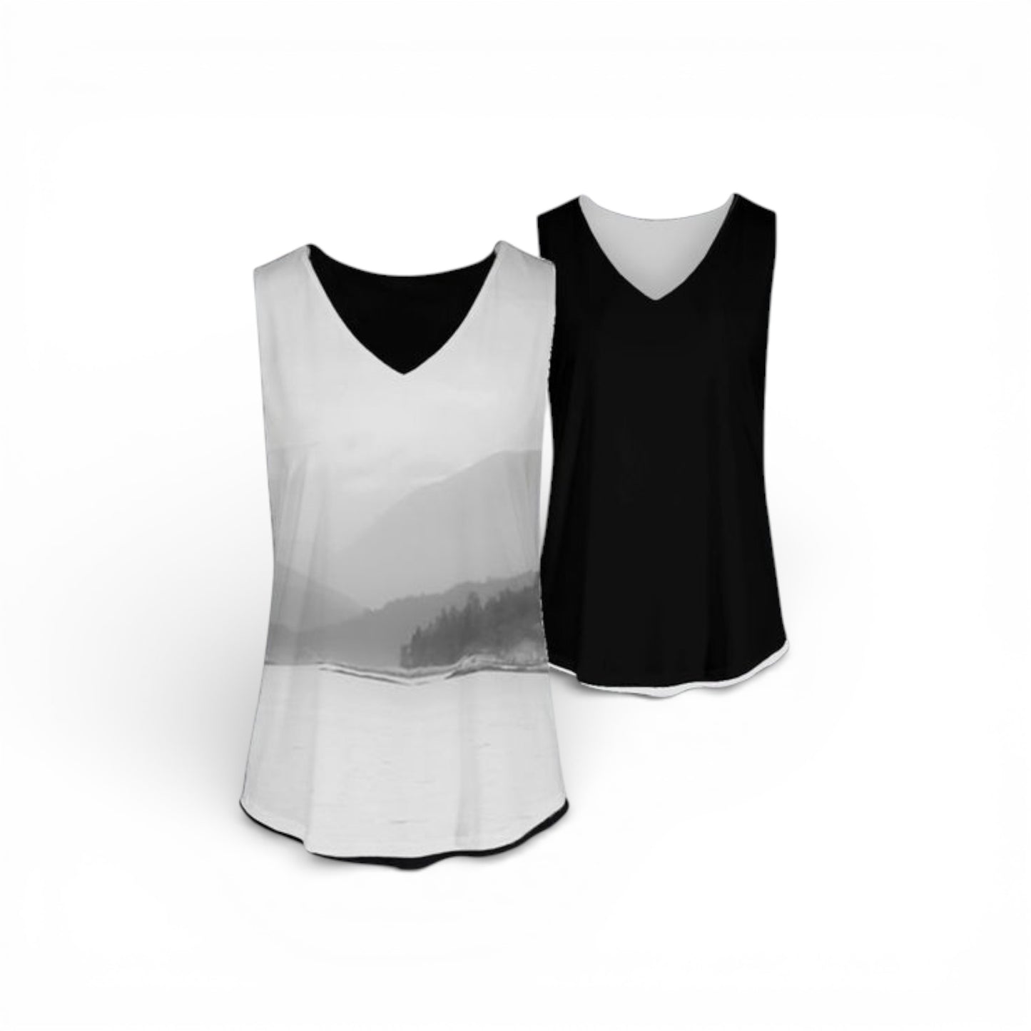 Two tank tops, one black and white gradient, the other solid black, on a white background.