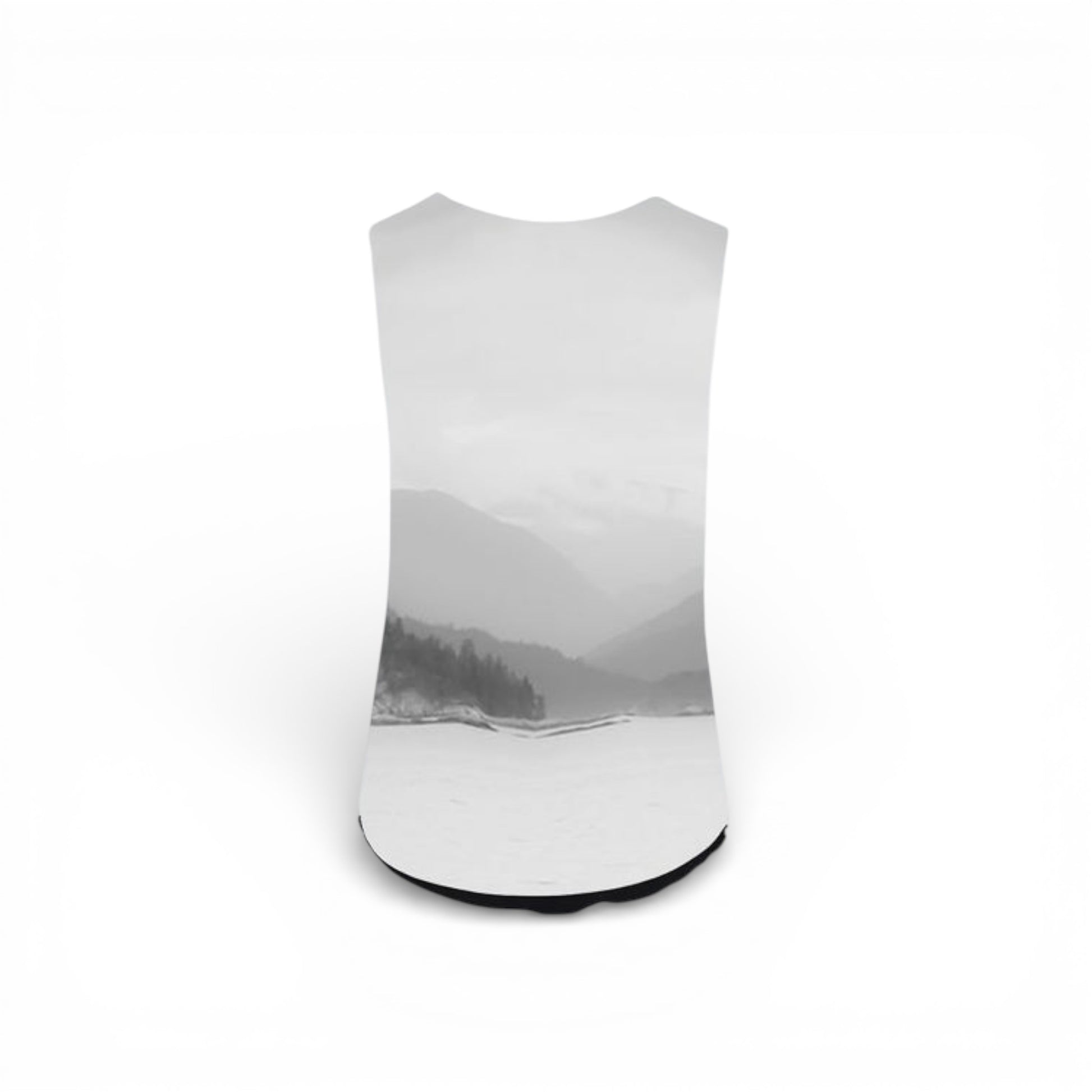 White tank top with a black and white landscape print on a white background