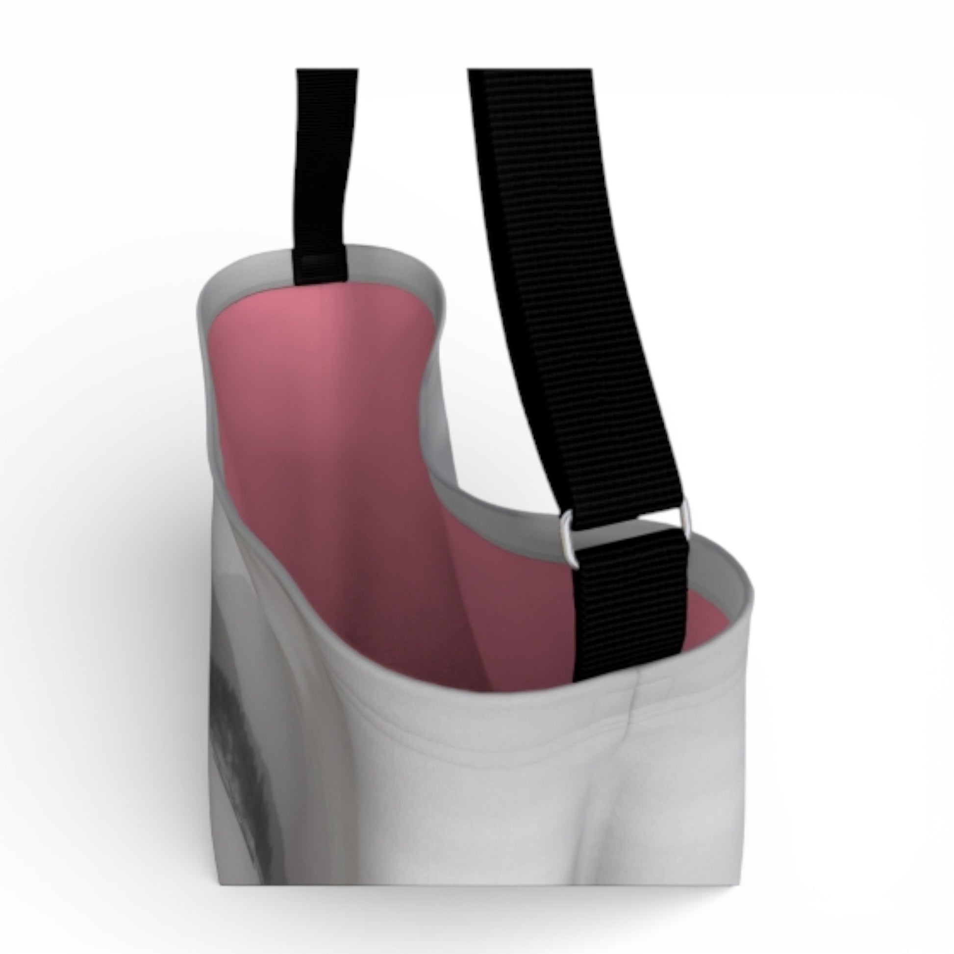 White bag with pink interior and black straps on a white background
