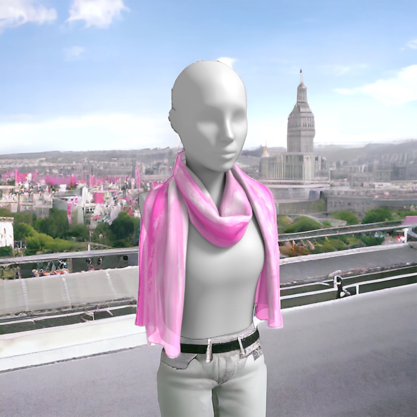 Parksville Beach long scarf is shown worn around the neck with a city background.