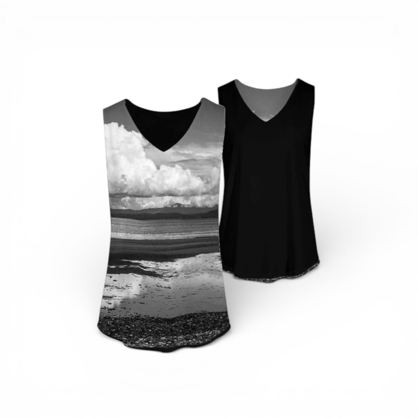 Black tank top with beach design on a white background