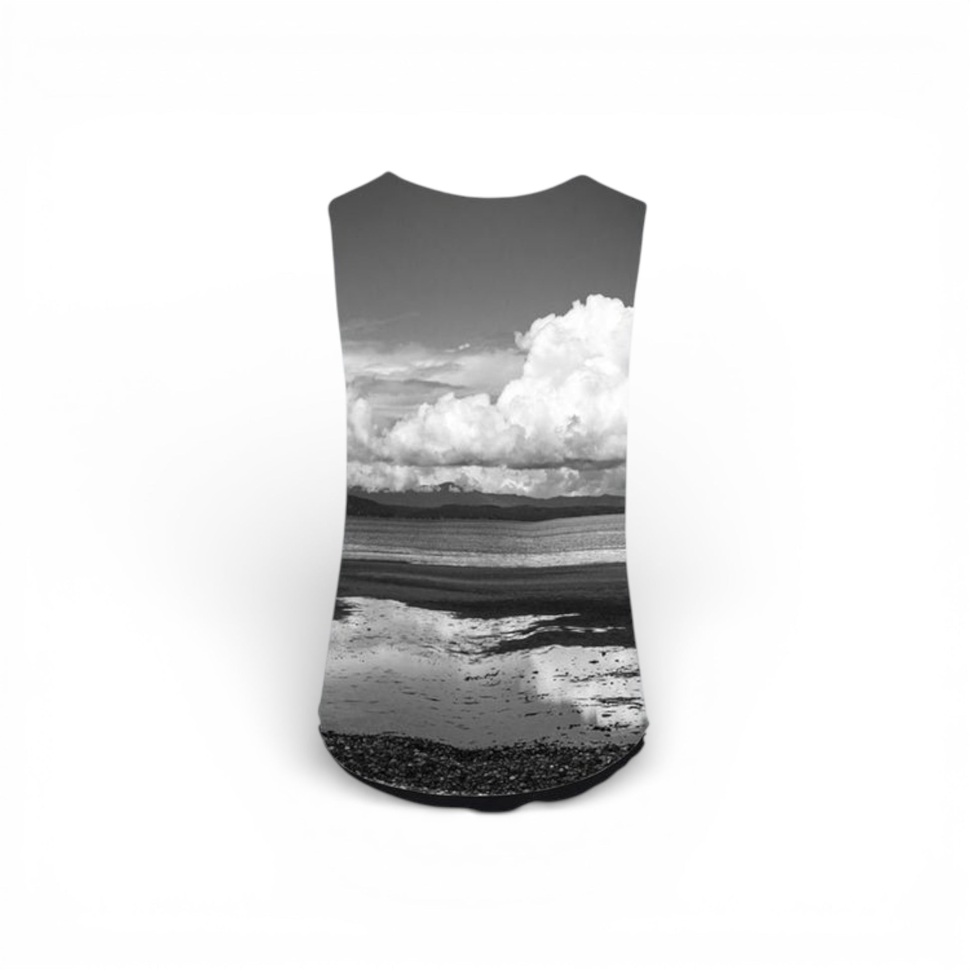 Sleeveless shirt with a black and white landscape design of a beach and sky.