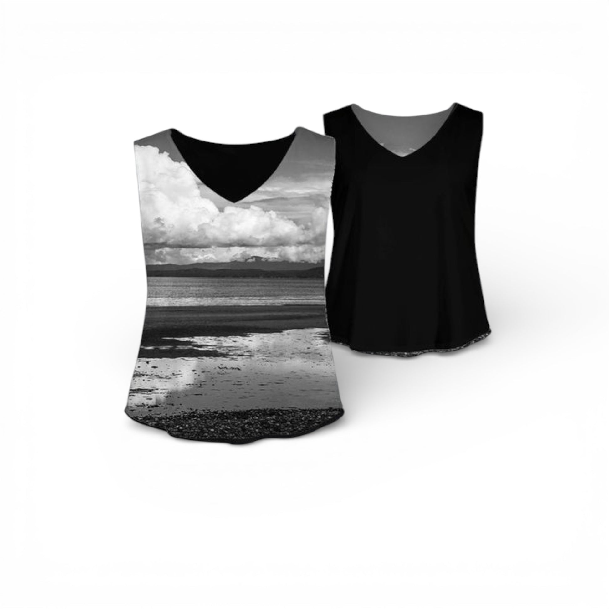 Black tank top with beach scene print on a white background