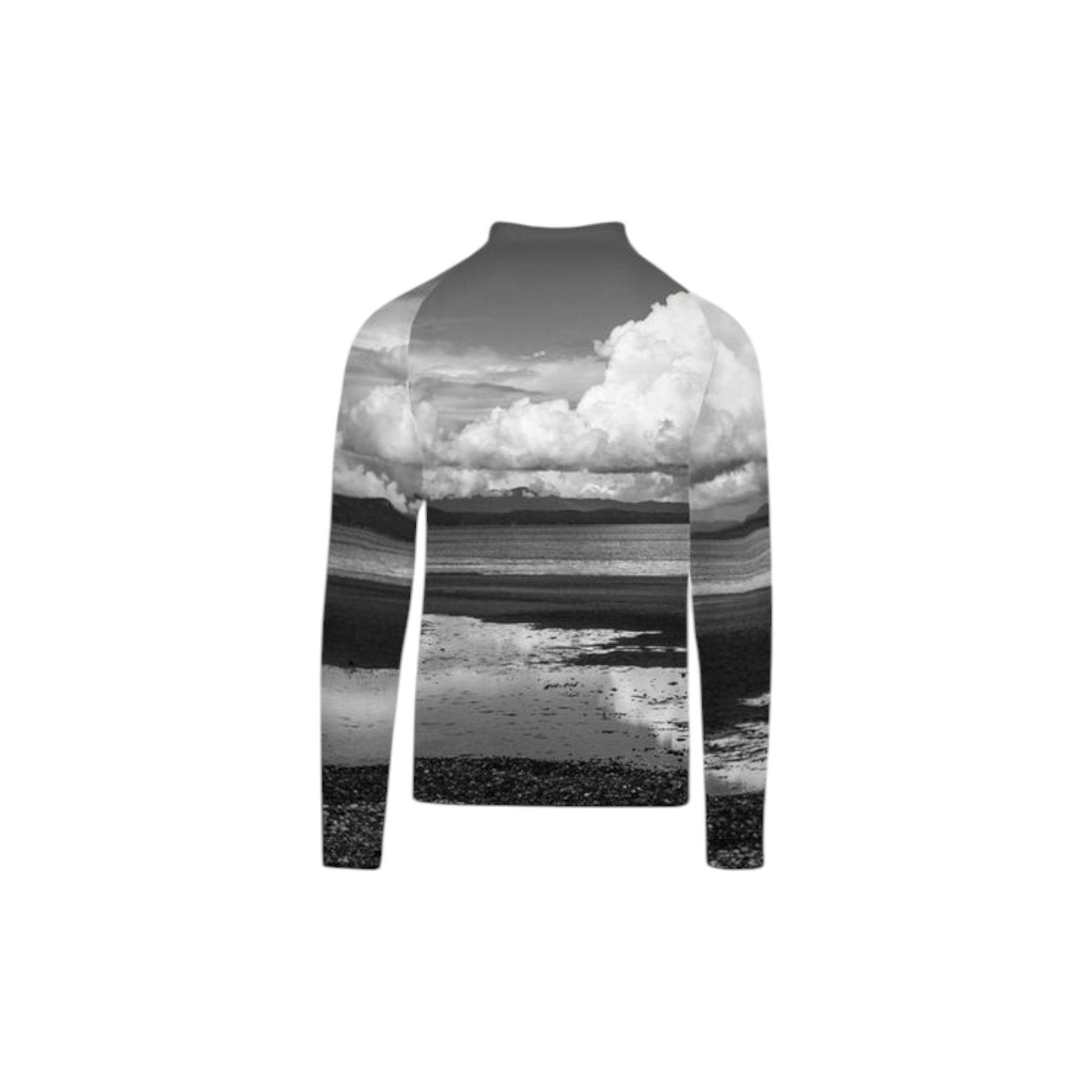Back side of the All over print of Parksville Beach on a cloudy day and low tide on a Men's active half zippered long sleeve top.