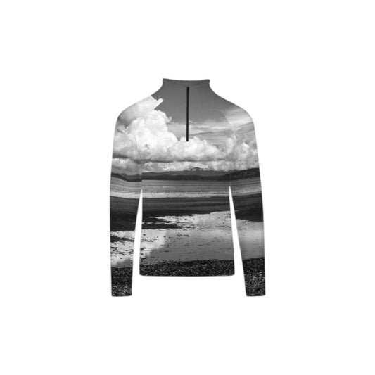 All over print of Parksville Beach on a cloudy day and low tide on a Men's active half zippered long sleeve top.