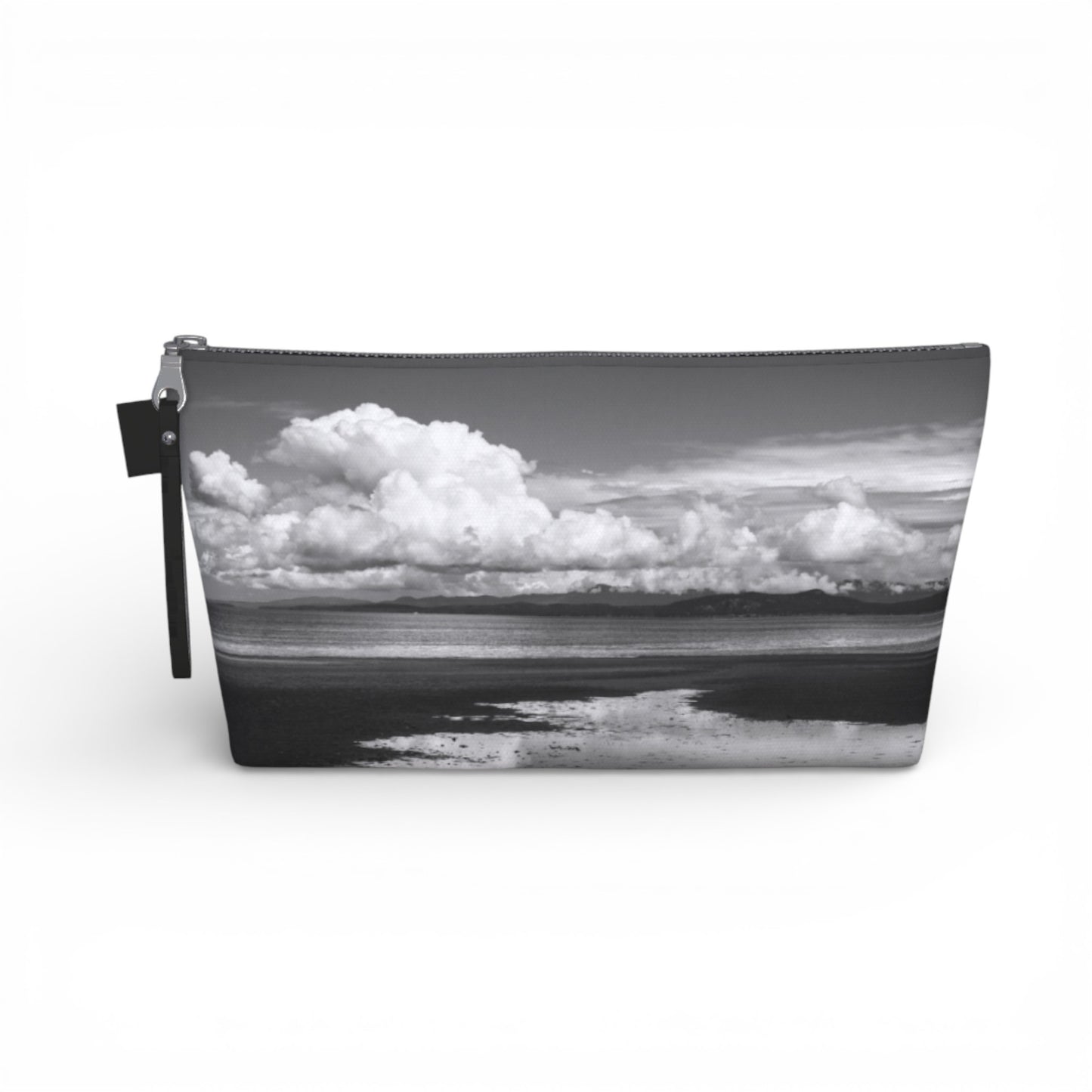 Pouch with a black and white landscape of clouds and water on a white background