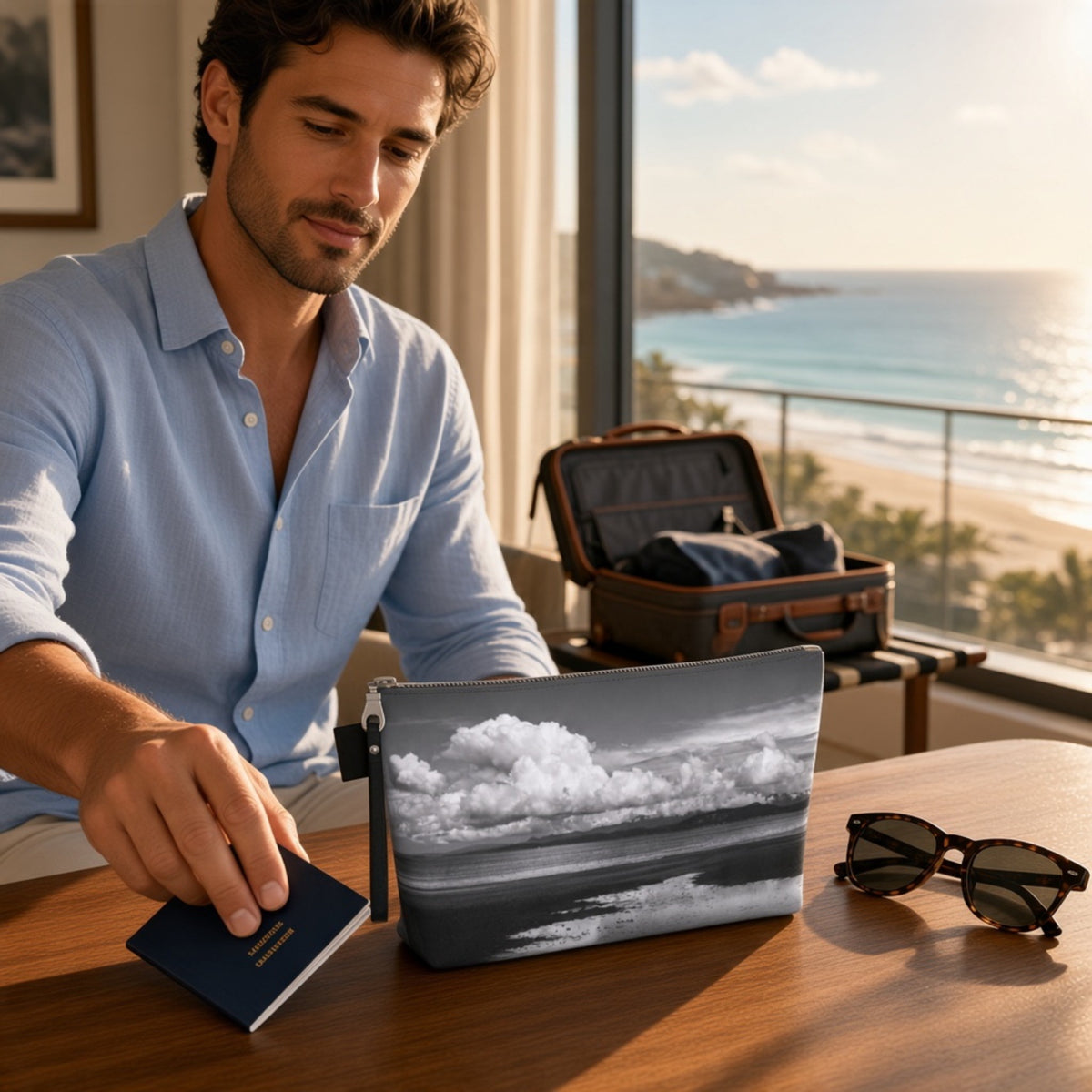 A man in a light blue shirt sits at a wooden table by a window with a beach and ocean view, holding a navy passport next to a zip pouch with a black-and-white cloud and water print, with an open suitcase and sunglasses in the background.