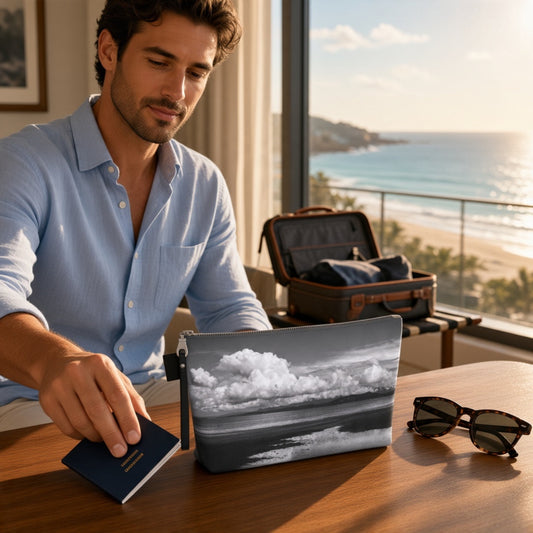 A man in a light blue shirt sits at a wooden table by a window with a beach and ocean view, holding a navy passport next to a zip pouch with a black-and-white cloud and water print, with an open suitcase and sunglasses in the background.