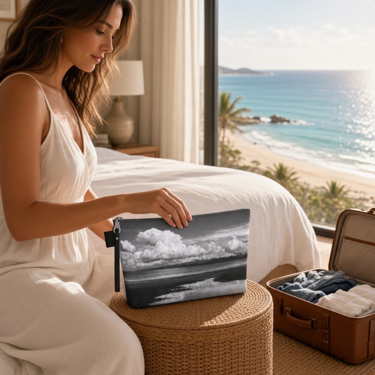 A woman in a white dress sits by a window in a bedroom, holding a black zip pouch with a grayscale ocean and cloud print. An open suitcase with folded clothes sits on the floor beside a bed, with a beach and ocean visible outside.