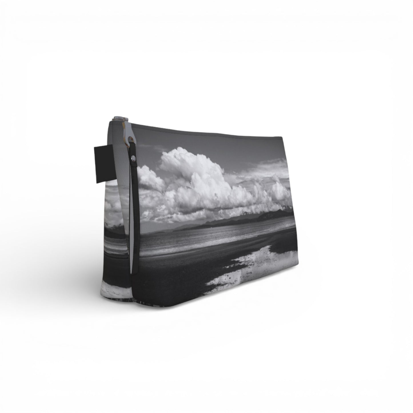 bag with a black and white landscape design on a white background