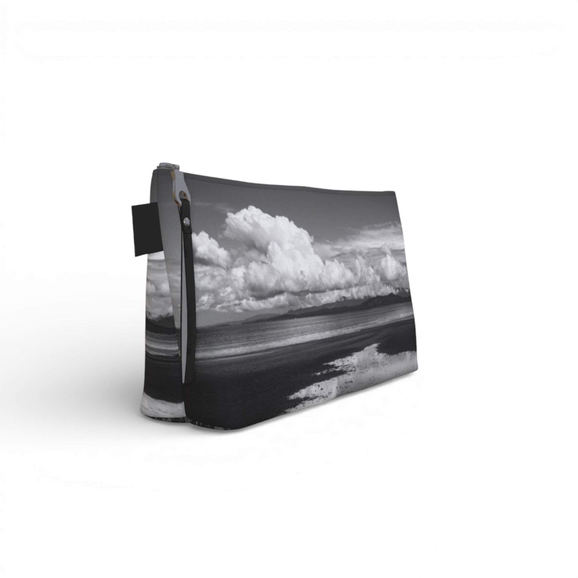 bag with a black and white landscape design on a white background