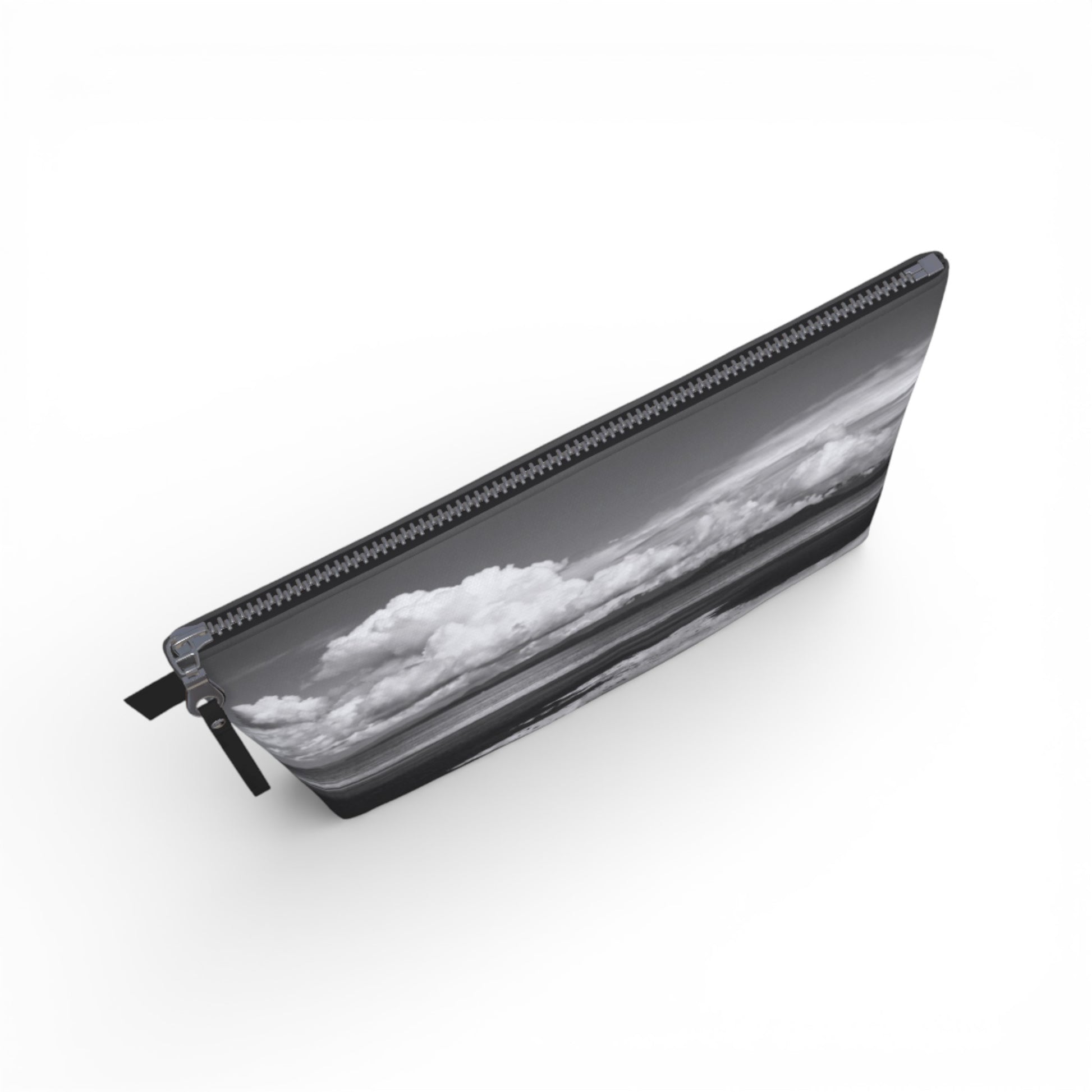 Pouch with a landscape design of clouds and mountains on a white background