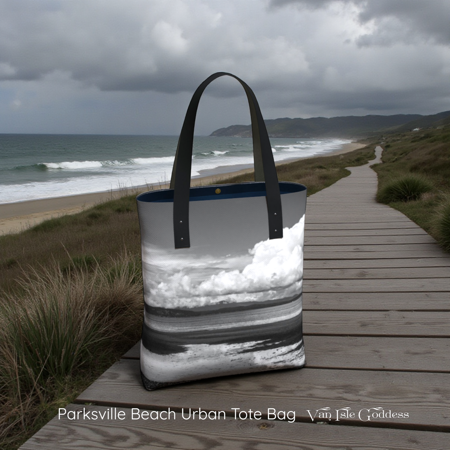 Tote bag with beach design on a wooden boardwalk by the ocean