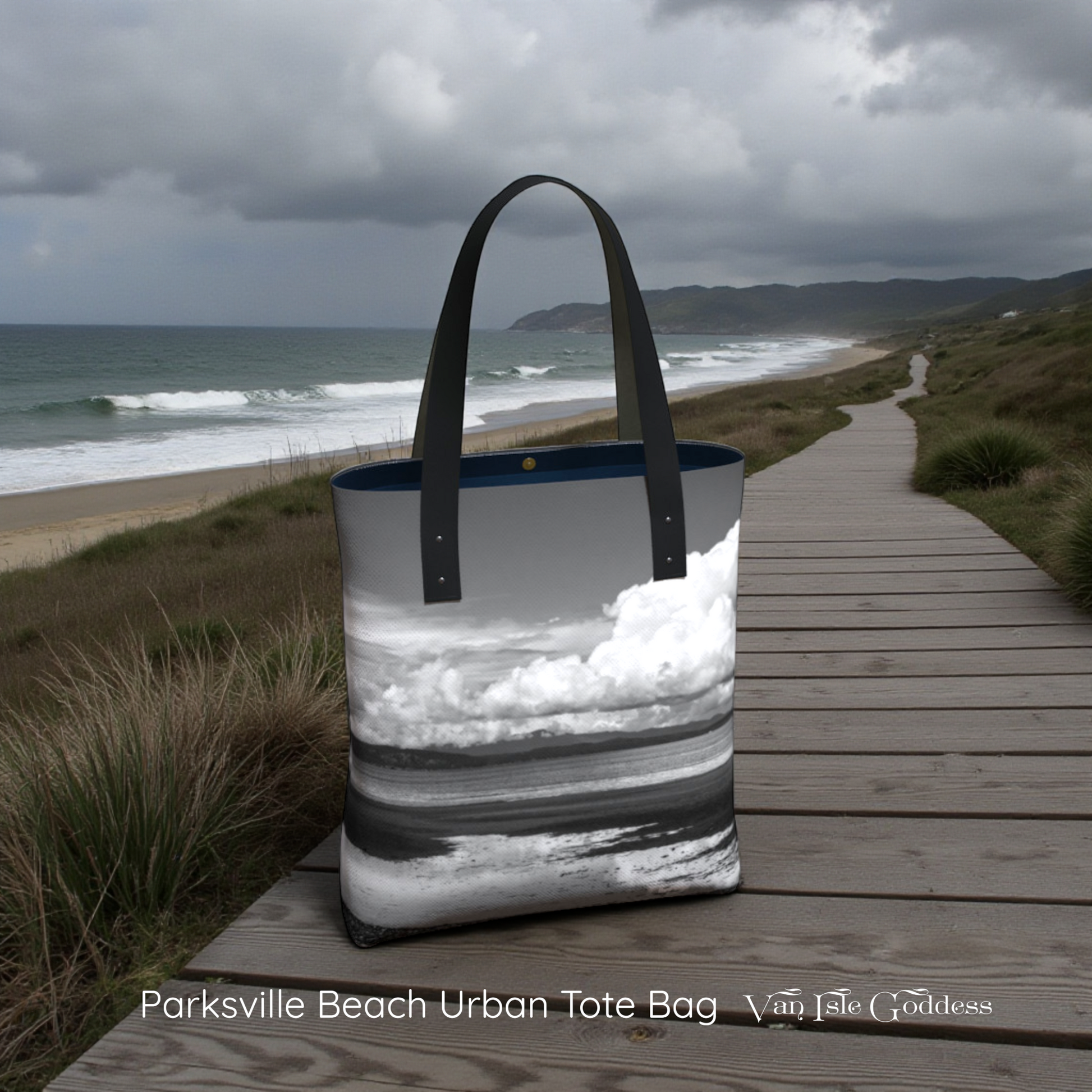 Tote bag with beach design on a wooden boardwalk by the ocean