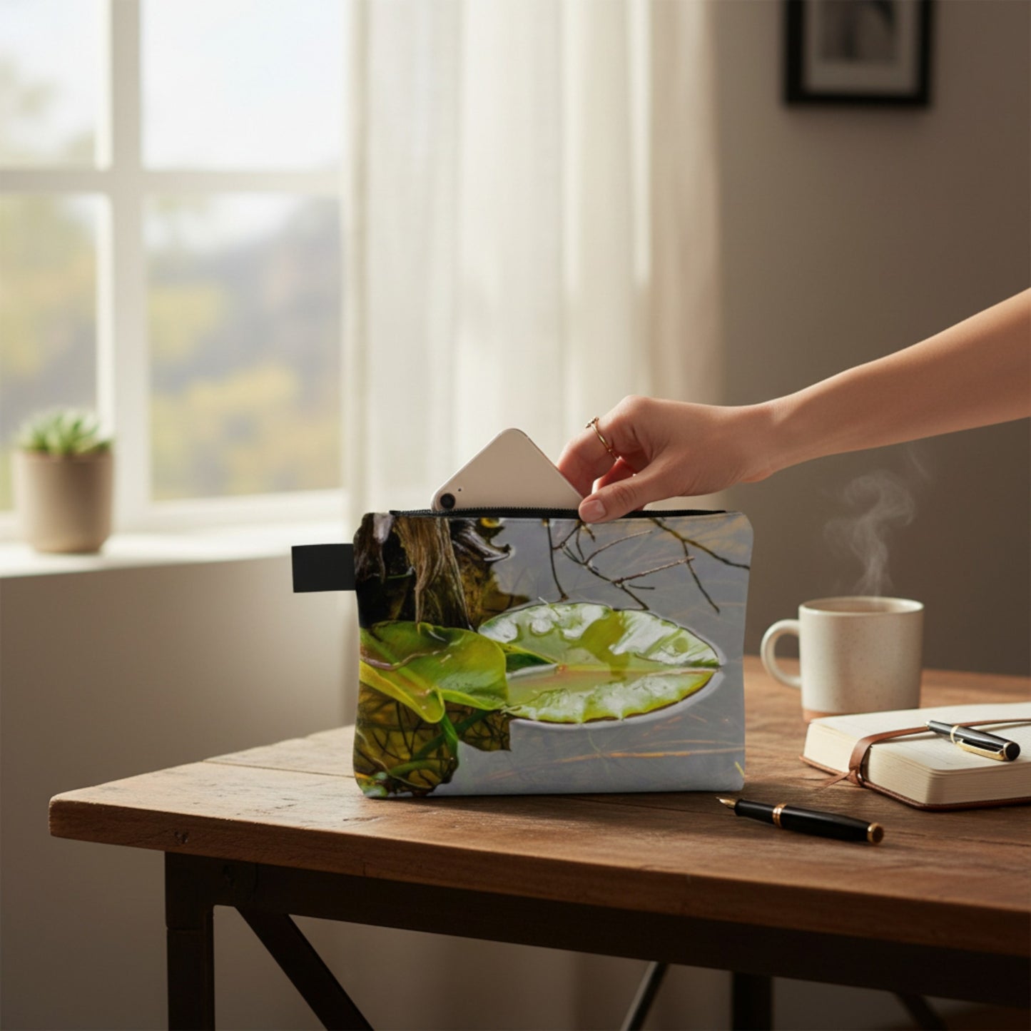Person opening a pouch with nature design on a desk with a cup and notebook.