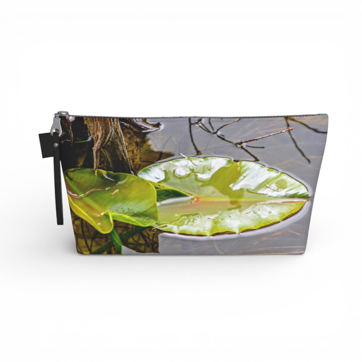 Pouch with a design of a lily pad on a white background