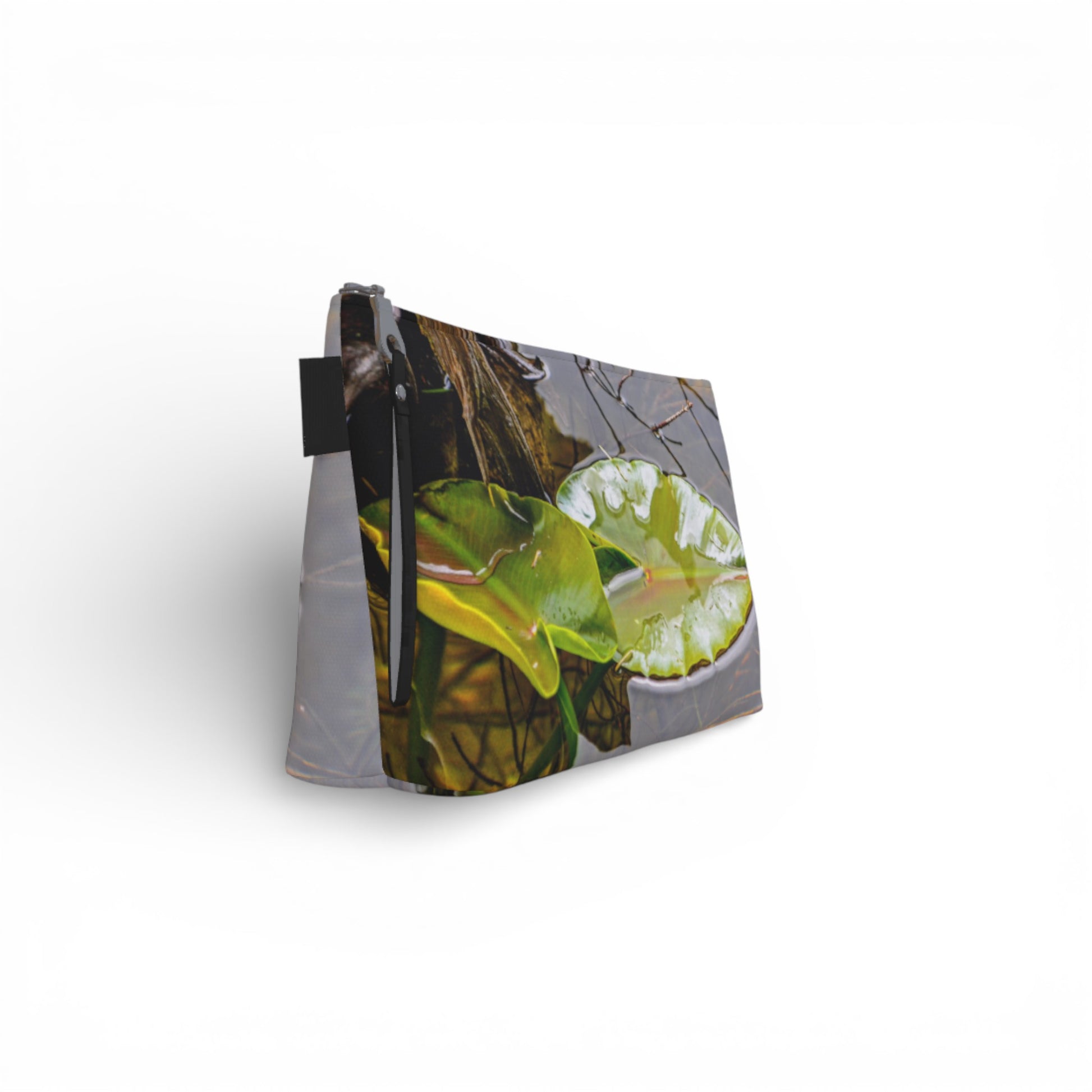 Pouch with nature-themed design on a white background